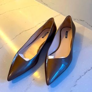 Giorgio Armani flats, in a beautiful golden taupe with a glassy patent finish.